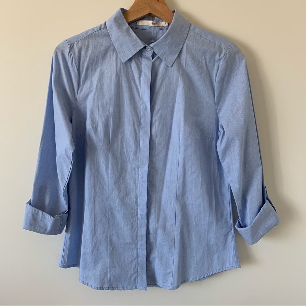 F21 Have Blue Button-up Shirt Blouse French Fly Front Top